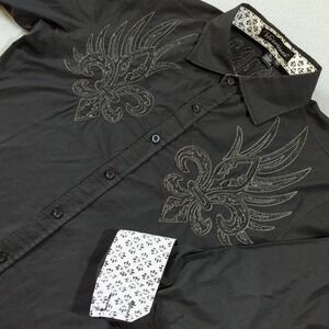 Victorious Mens XL Black Fleur De Lis Embroidered Studded Button Down Shirt Y2K